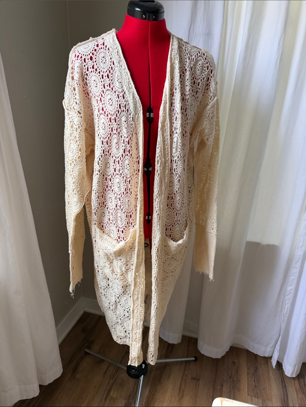 Free People Crochet Openwork Long Cardigan in Cream